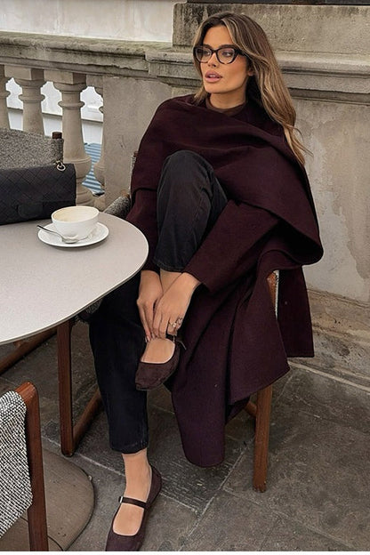 Elegant Scarf Collar Long Solid Overcoat