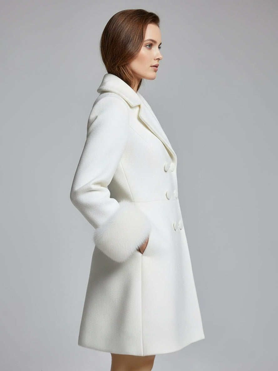 White double-breasted wool Blend coat with wide lapel And Faux fur cuffs For Women 2026