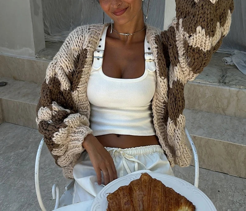 Stripe Pattern Lantern Sleeve Cropped Cardigan