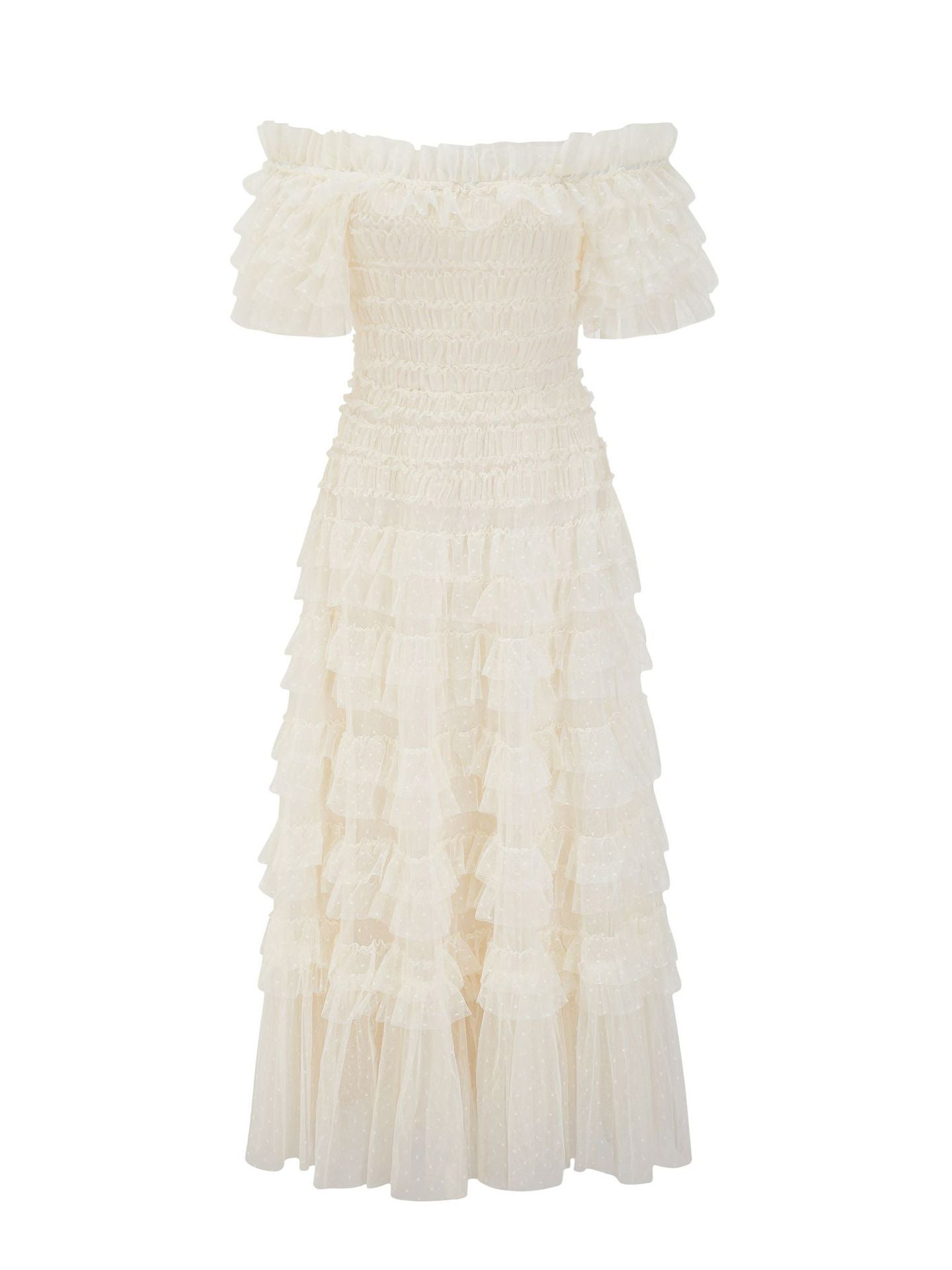 Party Maxi Dresses Embellished Collar Ruffles Polka Dot Sheer Semi Formal Dress