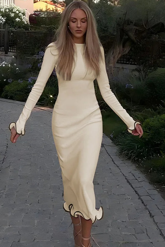 Scalloped Trim Long Sleeve Crew Neck Bodycon Maxi Dress