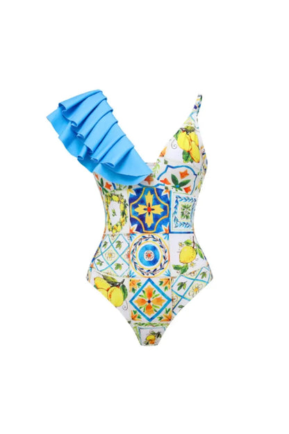 Lemon Print Backless One Piece Swimsuit Set