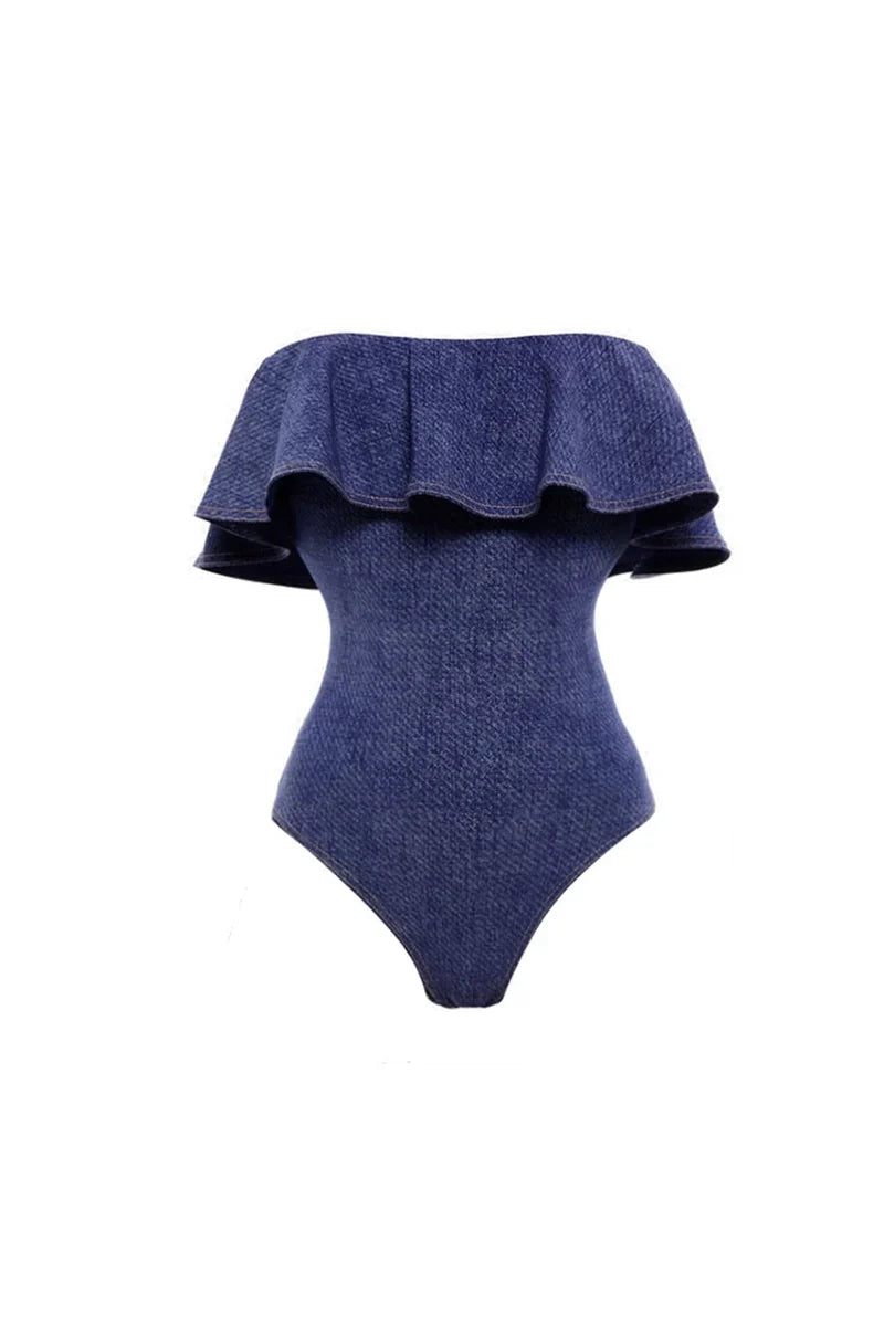 Denim Bandeau One Piece Swimsuit Set