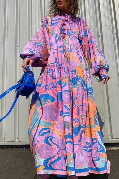 Bohemian Floral Print Tie Lantern Sleeve A-Line Pleated Holiday Deach Dress