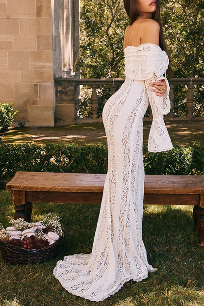 Floral Lace Off Shoulder Flare Sleeve Fishtail Maxi Dresses-White
