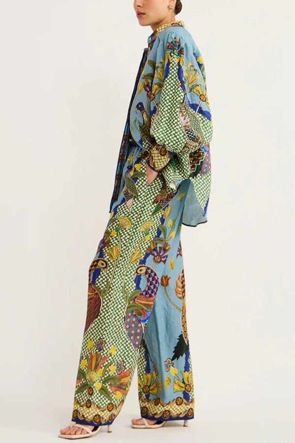 Smyrna Unique Heaven Bird Print Elastic Waist Pocketed Wide Leg Pants