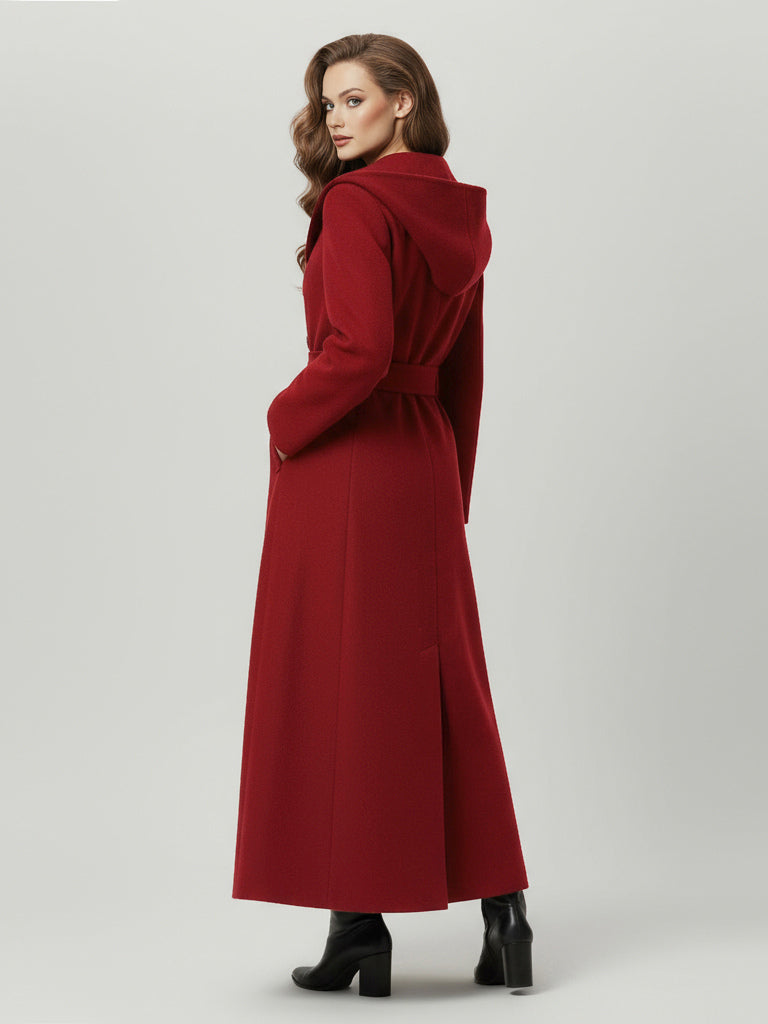 Wool Blend Maxi Hooded Coat With Double-Breasted Design For Women 2026