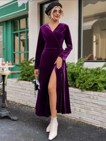 Purple Velvet Wrap Maxi Dress