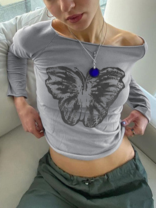 Vintage Butterfly Print Slanted Shoulder Long Sleeve Tee