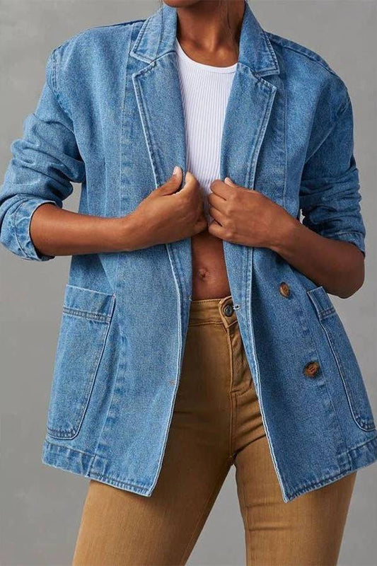 Notch Lapel Button Front Pocketed Denim Blazer