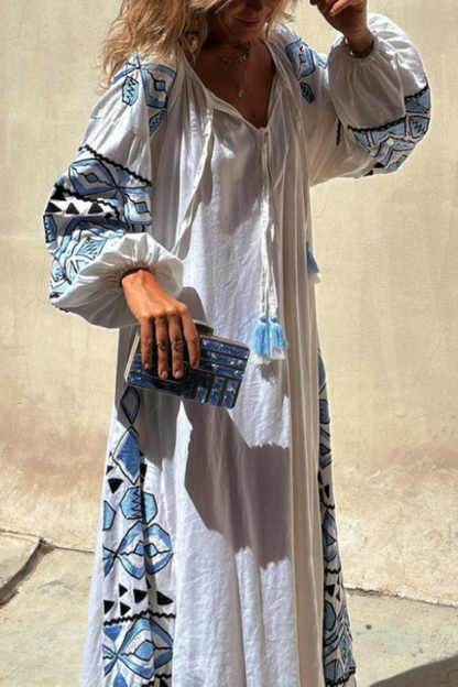 White Vintage Print Long Dress