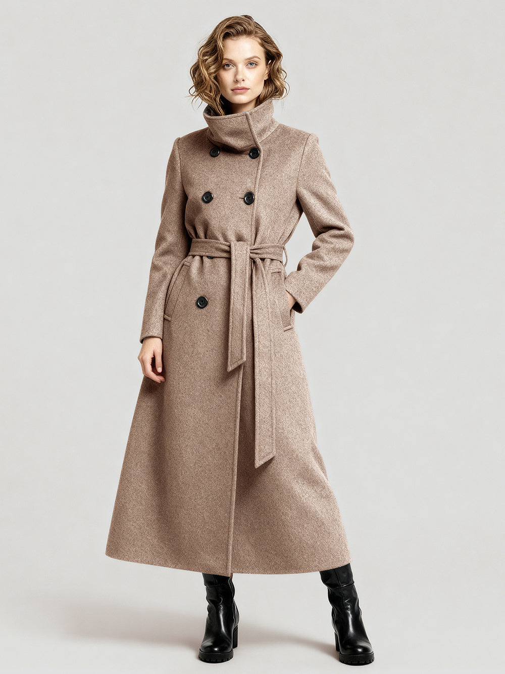 Belted Long Woolen coat with Double-breasted and high collar For Women 2026