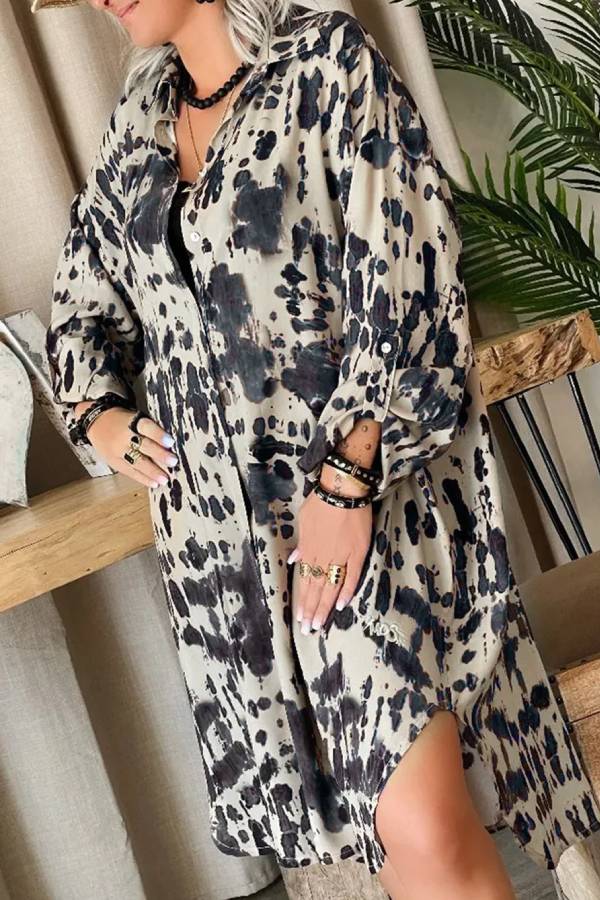 Apricot Splash Ink Print Long Sleeve Button Front Split Dress