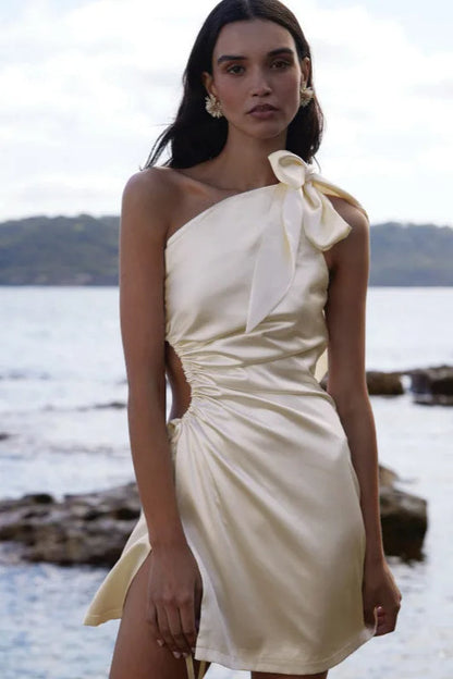 Halter Bow Neck Side Cutout High Slit Satin Midi Dress
