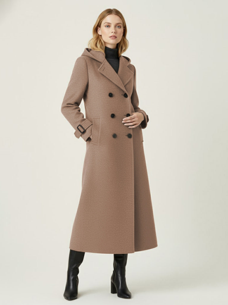 Hooded Double-Breasted Long Woolen Coat With Cuff Tabs For Women 2026
