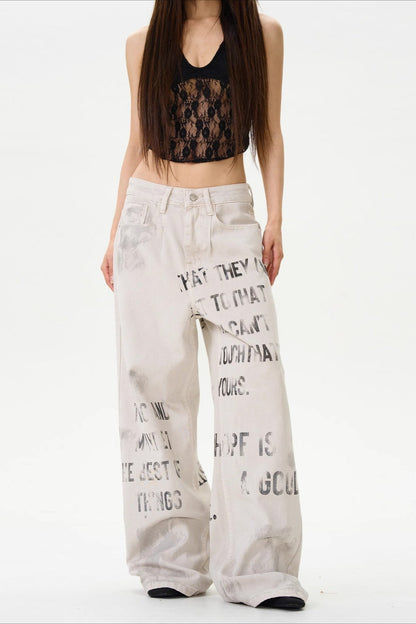 American Vintage Letter Graffiti Chic Slim Fit Jeans