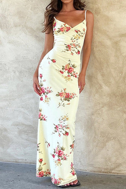 Floral Print V-neck Sleeveless Maxi Dress