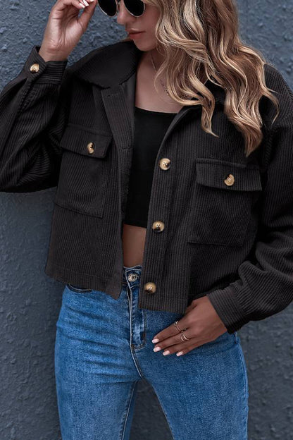 Flap Pockets Turn Down Collar Corduroy Shacket