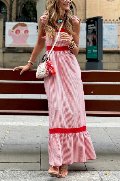 Red and White Vertical Striped Bow Strap Long Dress