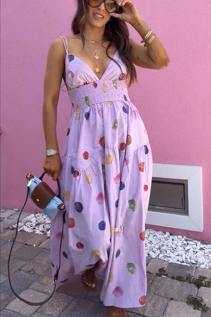 Lovely Summer Unique Color-Block Fruit Stripe Print Smocked Waist Maxi Dress