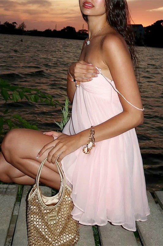 Chiffon Gathered Sweetheart Spaghetti Strap Lettuce Hem Babydoll Mini Dress