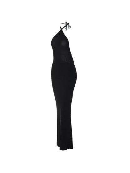 Black Y2k Backless Halter Maxi Dress