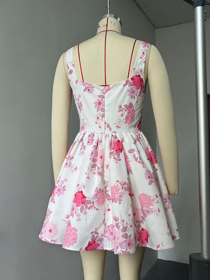 Pink Floral Print Sleeveless Mini Dress With Square Collar For Birthday Party 2026