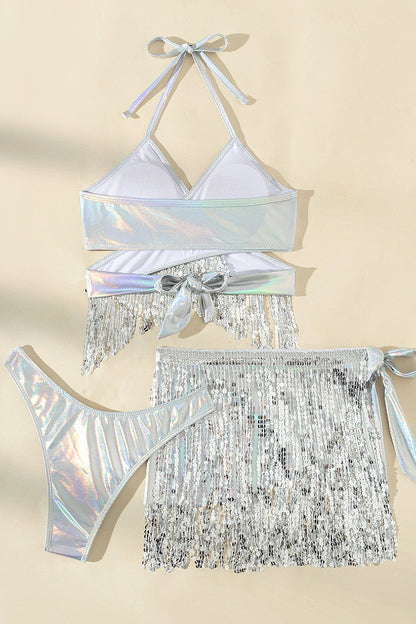 Metallic Halter Neck Tassel Stretch Bikini Swimsuit and Tassel Tie Skirt Three-piece Set