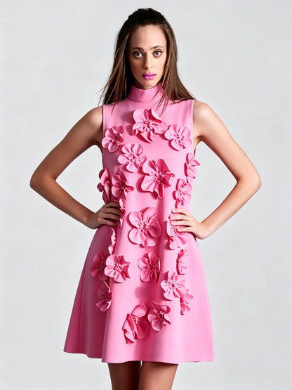 Party Dress Dresses Mini Pink Stand Collar Flowers Sleeveless Casual Semi Formal Dress