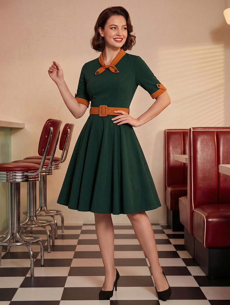 Vintage Dress 1950s Yellow Two-Tone Bows Short Sleeves Embellished Collar Medium Swing Dress