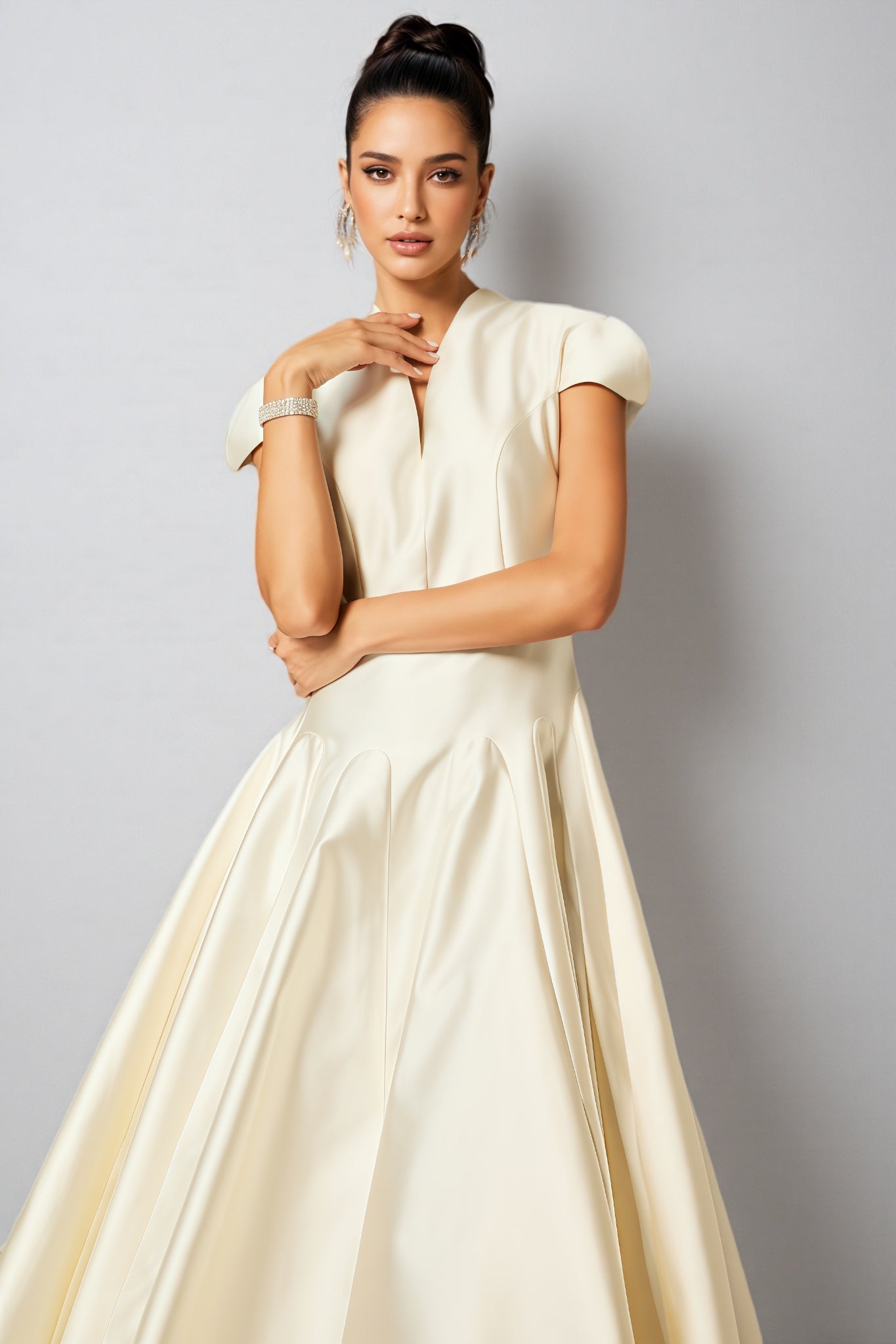 Aurelia Cap Sleeve V-Neck Satin Midi Dress