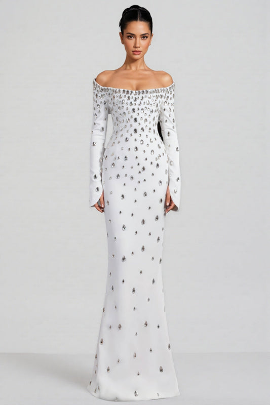 Kania White Long Sleeve Beaded Maxi Dress