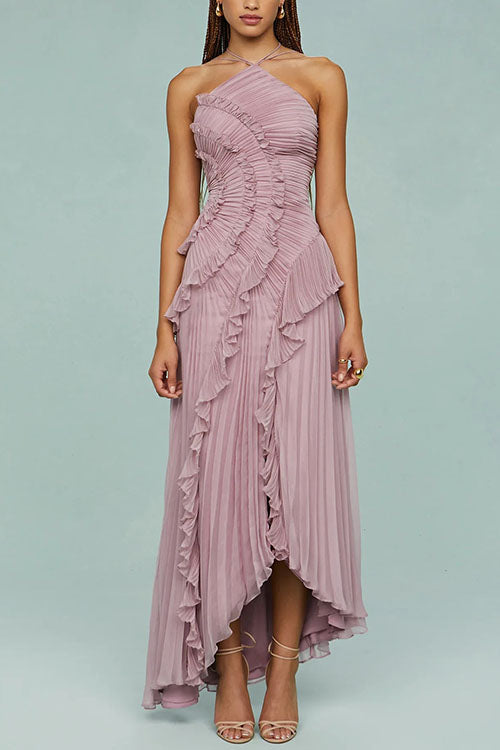 consonak Strappy Halter Neck Ruffle Trim Asymmetric Hem Pleated Maxi Dress