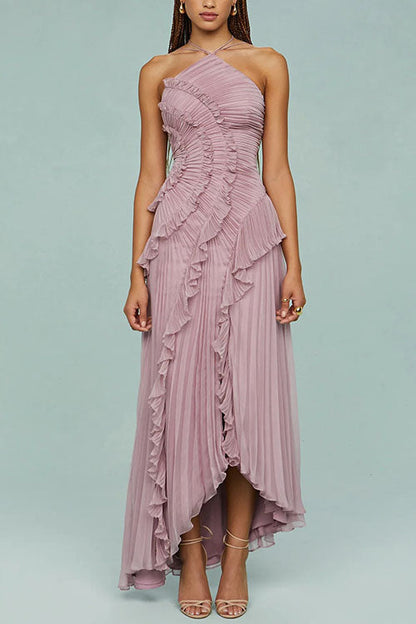 consonak Strappy Halter Neck Ruffle Trim Asymmetric Hem Pleated Maxi Dress