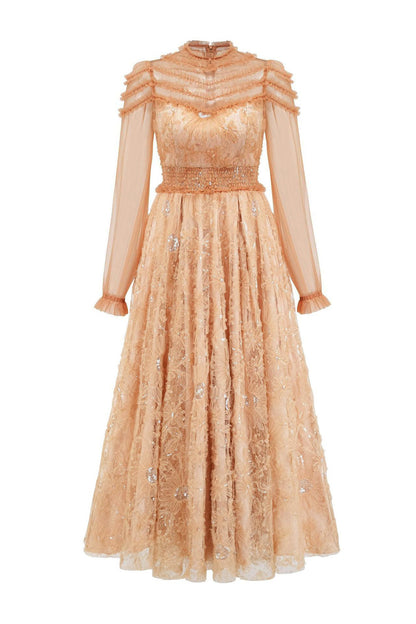 Attlee Orange Lace Sequins Maxi Dress