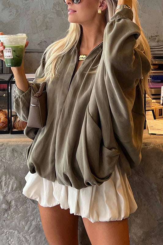 Fashion Lapel Loose Puff Long Sleeve Casual Zipper Jacket