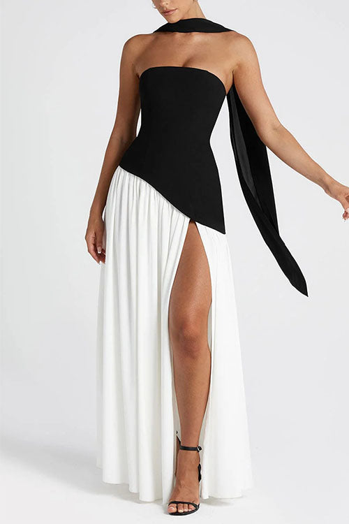consonak Strapless Back Lace-up High Slit Splice Maxi Dress
