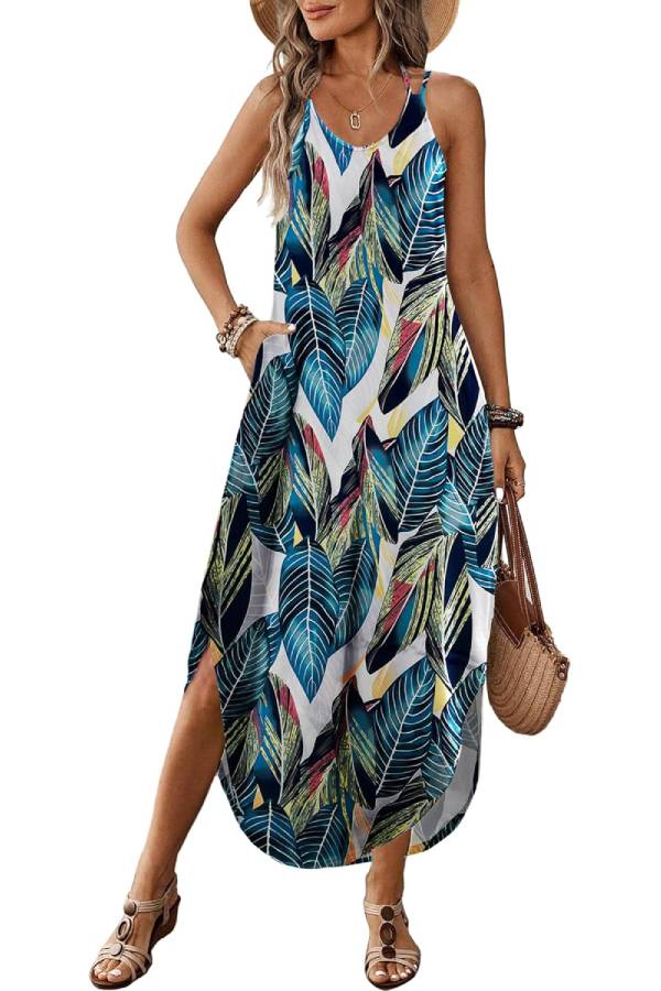 Casual V-neck halter slit bohemian beach resort maxi dress