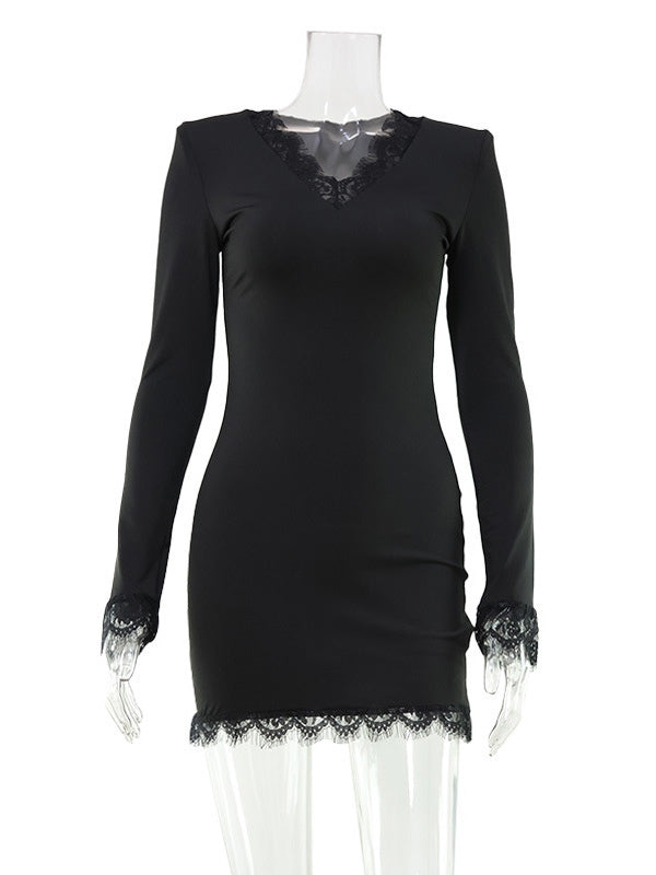 Lace Trim Long Sleeve V-Neck Bodycon Mini Party Dress For Women 2026