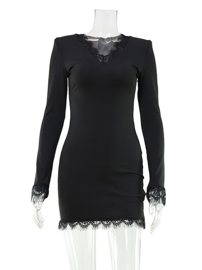 Lace Trim Long Sleeve V-Neck Bodycon Mini Party Dress For Women 2026