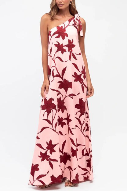 Botanical Print Sleeveless One-shoulder Tie-up Casual Vacation Maxi Dress