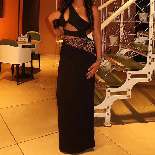 One shoulder leopard print hollow out cut out maxi dress