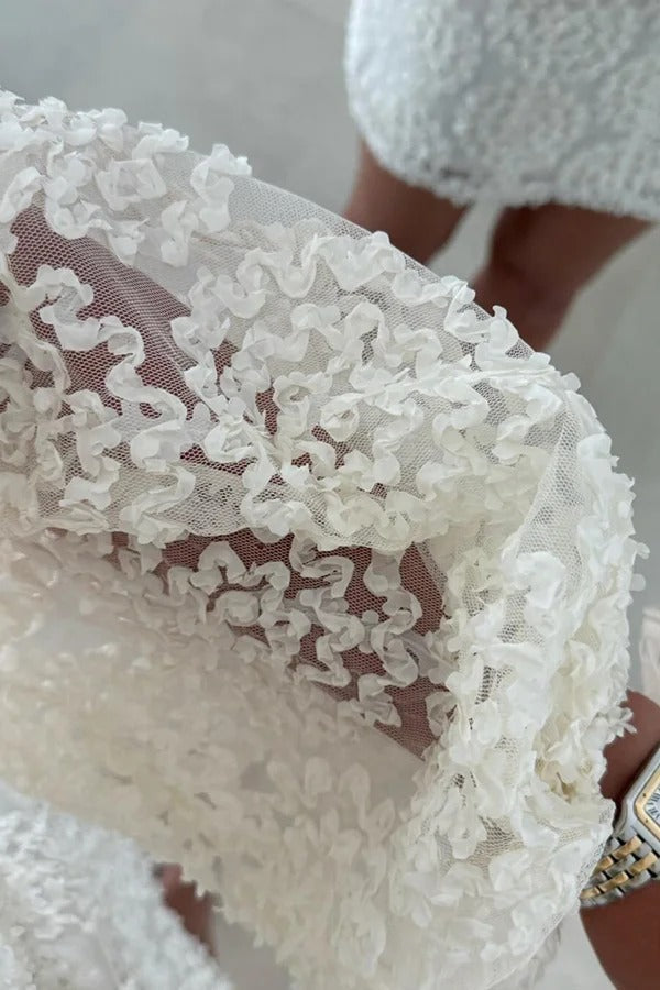 Lace Rosette Textured Crew Neck Balloon Sleeve Mini Dress