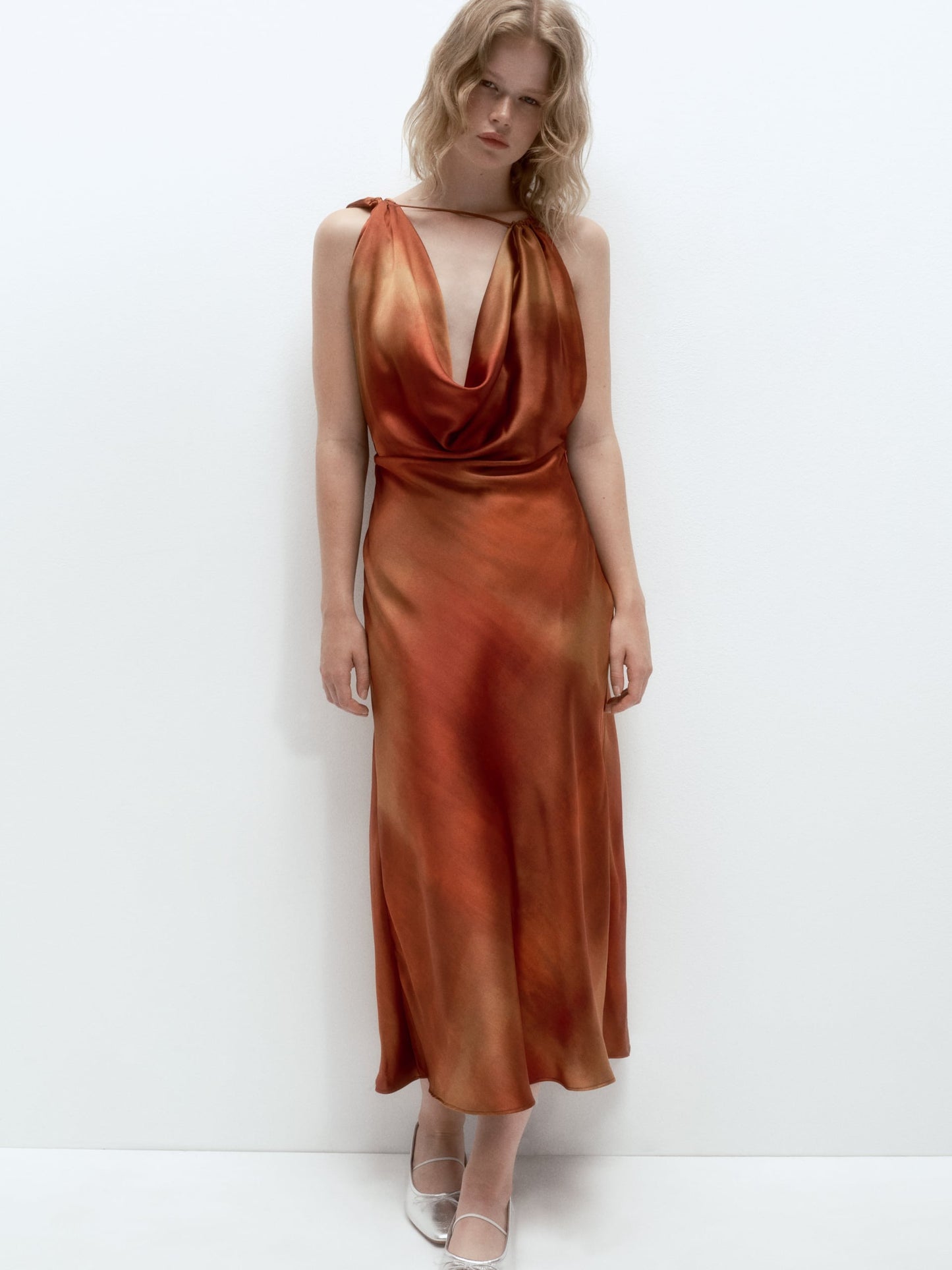 Cowl Deep Neck Printed Backless Satin Dress