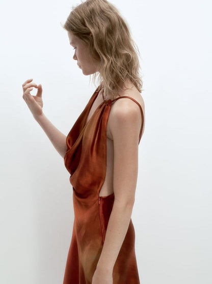 Cowl Deep Neck Printed Backless Satin Dress