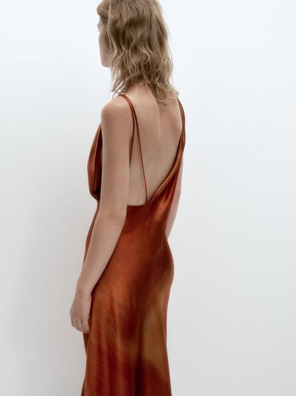 Cowl Deep Neck Printed Backless Satin Dress
