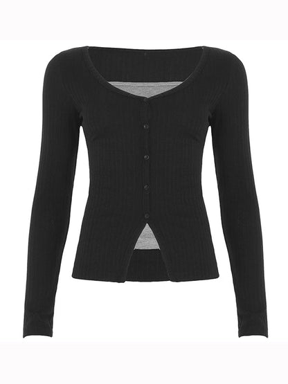 Black 2000s Fake Two Piece Long Sleeve Knits