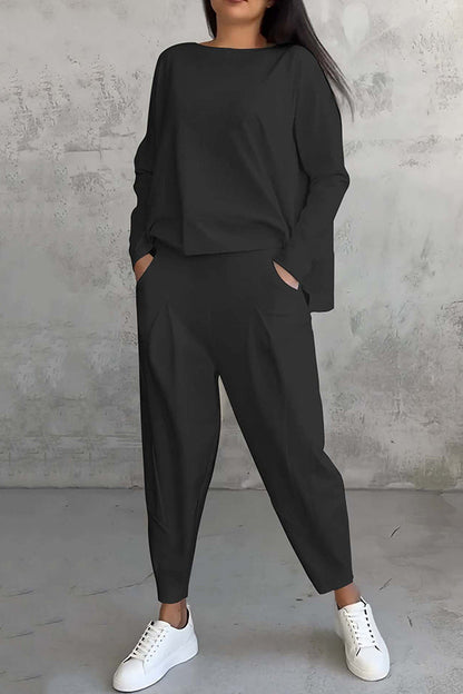 Solid Color Crew Neck Long-sleeved Irregular Loose Top and Elastic Waist Pocket Casual Pants Set
