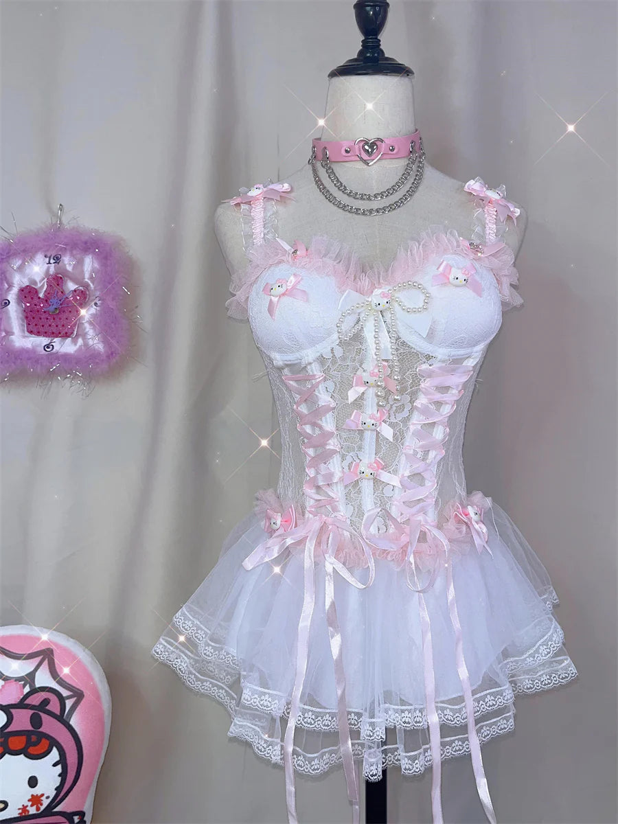 Y2K White Lace  Sheer Mini Skirt Dress Lingerie