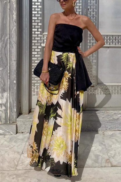 Sexy Bandeau Fit Top and Floral Print Maxi Skirt Set